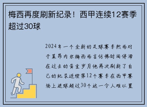 梅西再度刷新纪录！西甲连续12赛季超过30球