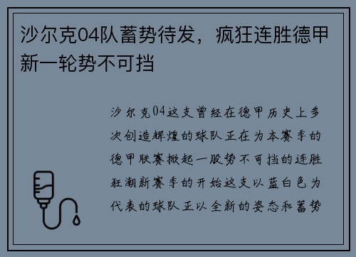 沙尔克04队蓄势待发，疯狂连胜德甲新一轮势不可挡