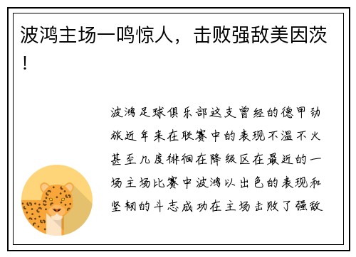 波鸿主场一鸣惊人，击败强敌美因茨！